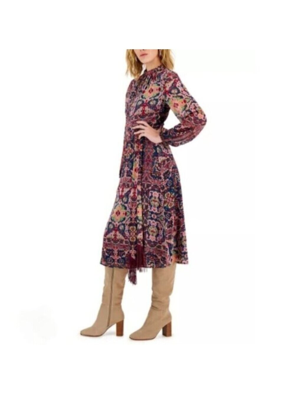 NWT Tahari ASL Tapestry Print Chiffon Long Sleeve Midi Dress - Picture 4 of 17